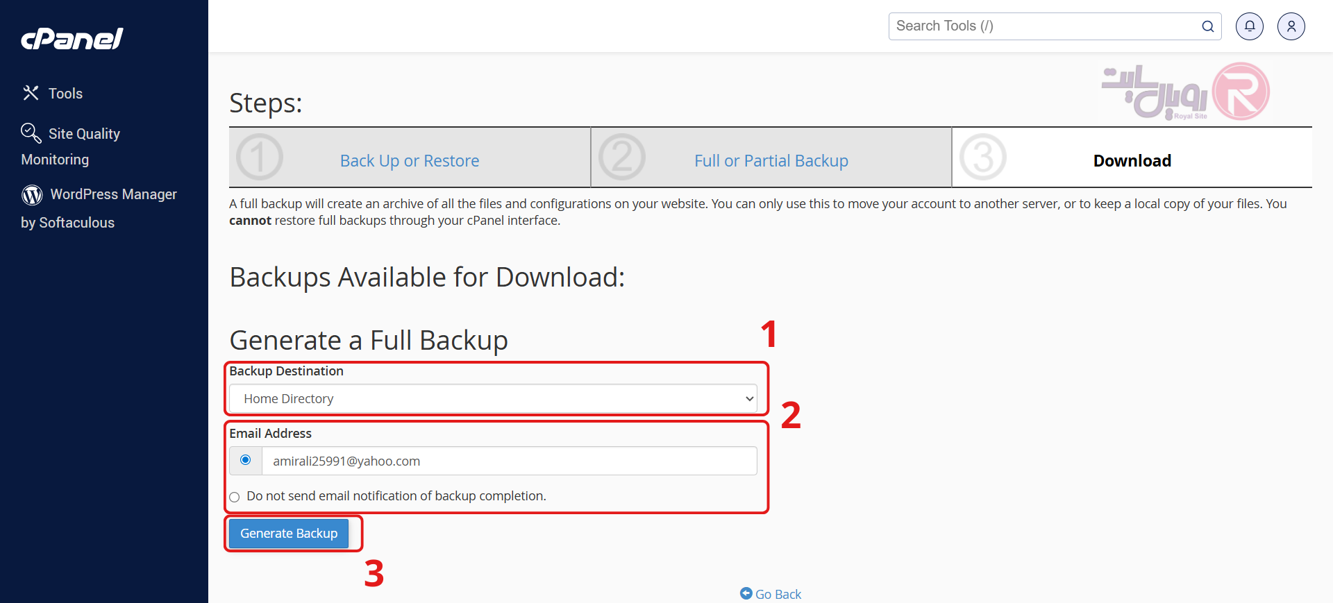مرحله چهارم تنظیمات پشتیبان گیری از سی پنل